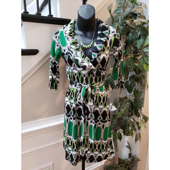 Glam Dress Wrap V-Neck Women S Multicolor Polyester Ruffle Tie Waist 3/4 Sleeve - Picture 2 of 10